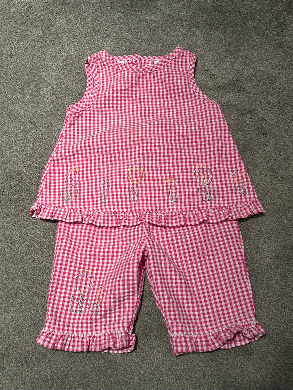 Vintage Girls Pink Gingham Set with Floral Embroidery